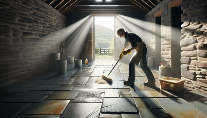 A person scrubbing slate floors with natural solutions in West Dunbartonshire, sunlight illuminating the clean surface.