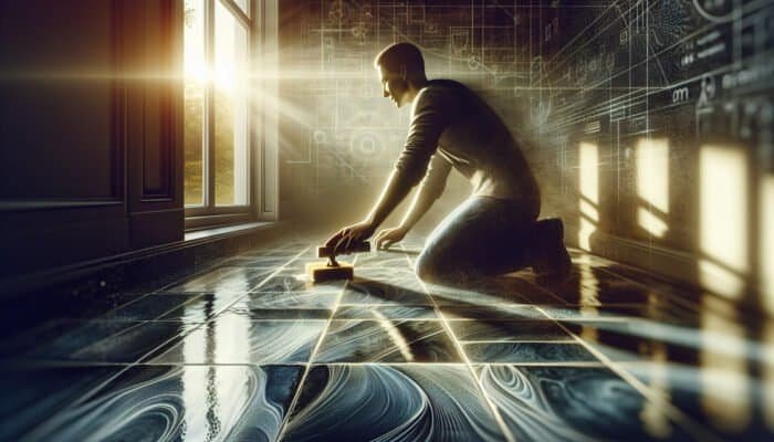 Individual in West Dunbartonshire cleaning slate floors naturally, sunlight highlighting the glistening surface.