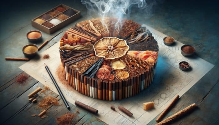 Cross-section of tobacco bronde blend with layers of leaves, vanilla, caramel hints, and smoky atmosphere.