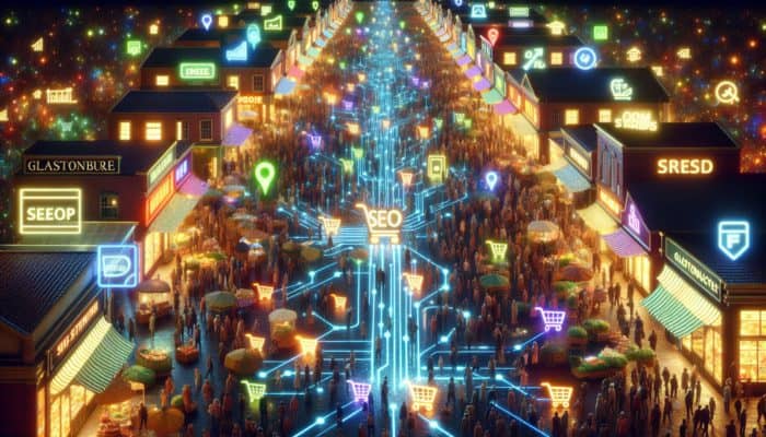 A vibrant e-commerce platform showcasing SEO keywords that drive traffic to optimized online stores in Glastonbury.