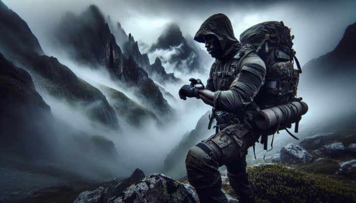 Hiker utilizing survival watch compass amidst rugged mountains and fog, with the Pacific Crest Trail and Andes in the backdrop.