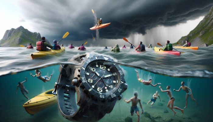 Durable survival watch submerged in clear water, surrounded by kayaks and swimmers, under a stormy sky, rated for 200 meters depth.