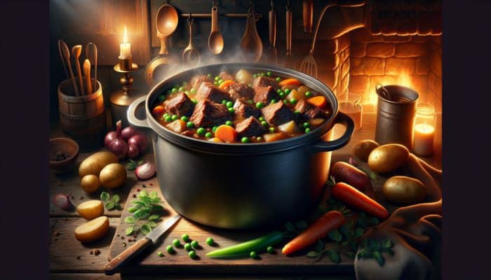 A delicious beef stew featuring tender chunks of chuck, brisket, and shank, simmered in a rich gravy alongside colorful vegetables in a cozy kitchen.