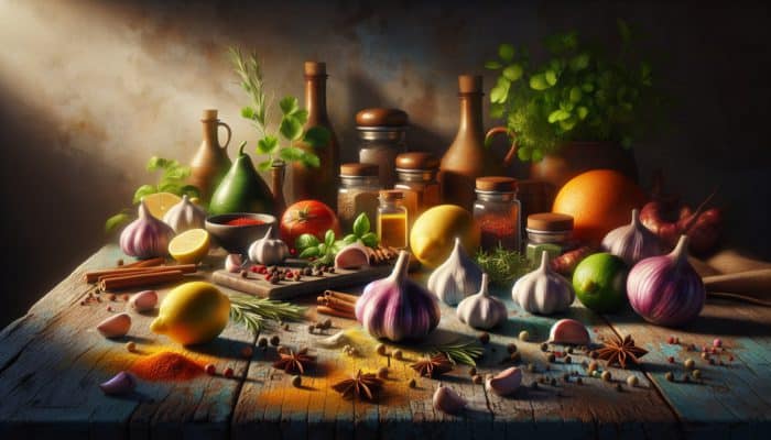 A vibrant display of garlic, herbs, spices, and citrus fruits on a rustic wooden table, designed to enhance flavors in cooking.