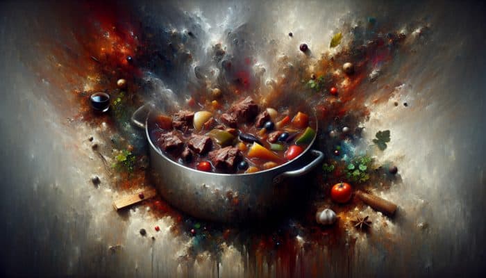A steaming pot of beef stew filled with chunks of meat, vegetables, and a rich broth enhanced by red wine, stout beer, tomato puree, and soy sauce.