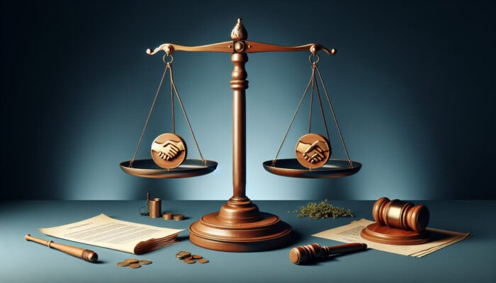 A balanced scale with four pillars labeled 'Offer', 'Acceptance', 'Consideration', and 'Mutual Assent', surrounded by legal documents and a gavel.