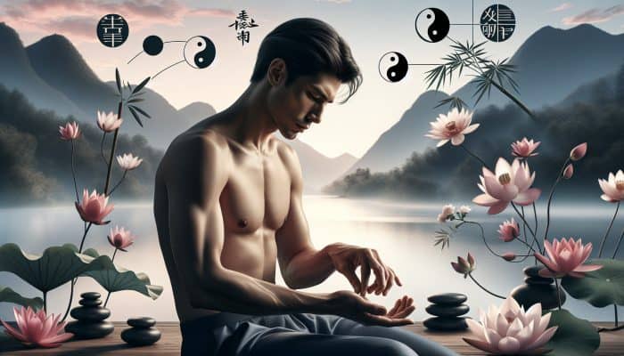 Acupressure for Men’s Wellness: Asian man practicing acupressure, surrounded by traditional Chinese symbols and nature.