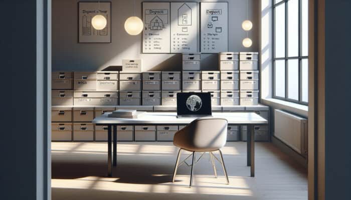 Individual using a laptop at a desk in a minimalist UK home, surrounded by organized boxes, illuminated by soft natural light.