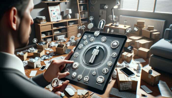Individual using a tablet for home inventory and video call, compiling items for sale in a cluttered home.