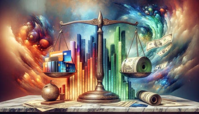 A scale balancing credit cards and a consolidation loan document against financial charts, symbolizing balance transfer vs. consolidation decision.