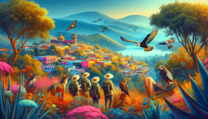 A vibrant San Miguel de Allende landscape featuring experts guiding a wildlife tour with exotic birds and local fauna.