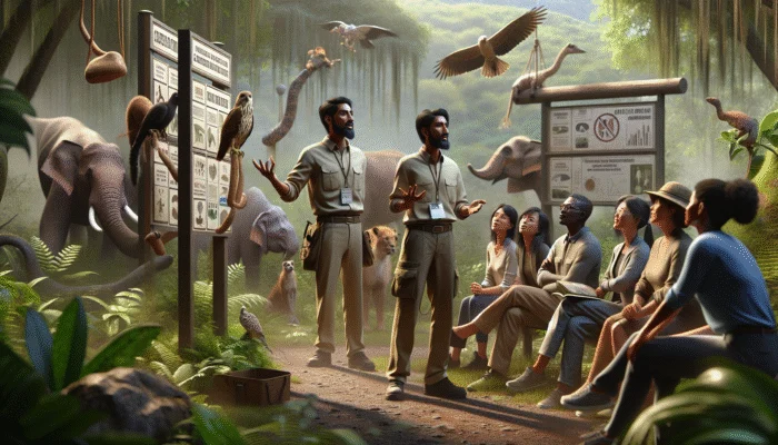 A guide explains conservation challenges to a group in a lush habitat, complete with educational diagrams and posters.