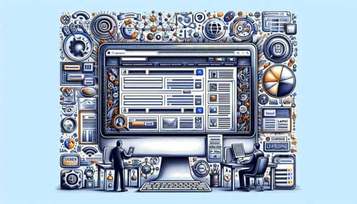 On-Page SEO in Plymouth for Small Business: A computer screen showcasing a website with highlighted SEO elements surrounded by icons representing search engines and user interactions.