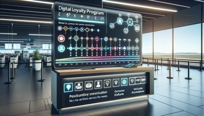 Modern car rental desk at the airport with a digital loyalty program interface on a touchscreen, showing point accumulation, exclusive discounts for members, and priority service lines for members.