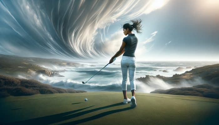 A golfer on a South African coastal course skillfully adjusting his stance and grip for a lower trajectory shot into the wind, with an ocean backdrop.