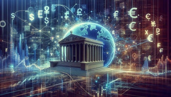 Global Financial Markets Affecting Consolidation Loans: UK Focus | DCL Global Financial Markets Affecting Consolidation Loans: A scene depicting the interconnectedness of global markets, with the Bank of England adjusting UK interest rates amid various currencies.