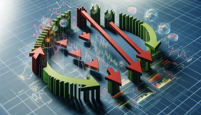 Global Financial Markets Affecting Consolidation Loans: UK Focus | DCL Graph depicting the influence of economic cycles on UK loan availability; green arrows indicate growth, while red arrows signify downturns.