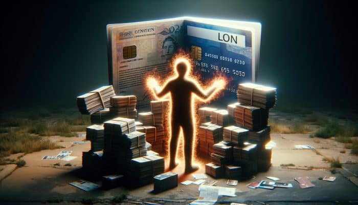 Debt Consolidation Loan Comparison Websites: UK's Top Picks | DCL Individual in the UK organizing various bills and credit cards into a single glowing loan document, representing financial relief.