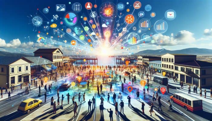 Small business owners in Teignmouth collaborating with internet marketing experts amidst digital screens displaying analytics.