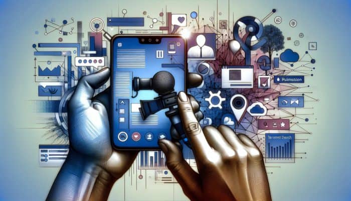 A small business owner creating engaging video content for Instagram marketing, with AI and voice search icons displayed on a smartphone screen.