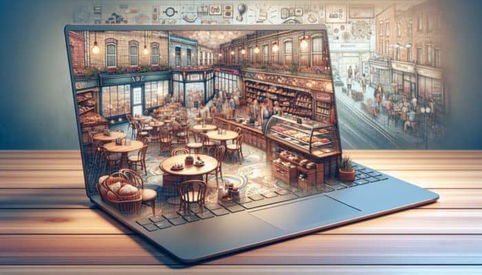 Blog Writing in Weymouth for Small Business: A cozy café and retail store featuring a laptop showcasing an engaging blog, boosting SEO and connecting with customers.