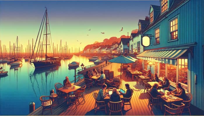 A tranquil Weymouth harbor during sunset, showcasing experts blogging while enjoying a cozy café atmosphere.