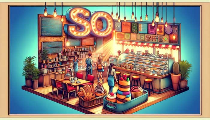 A bustling Weymouth coffee shop featuring a "Best Pastries in Weymouth" sign, frequented by locals and tourists, with SEO keywords integrated into decor and menu.