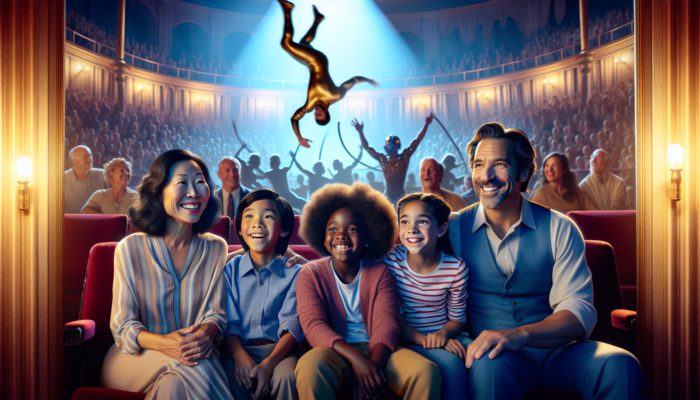 Family enjoying an acrobatic performance at Cirque du Soleil "O" in Las Vegas theater.