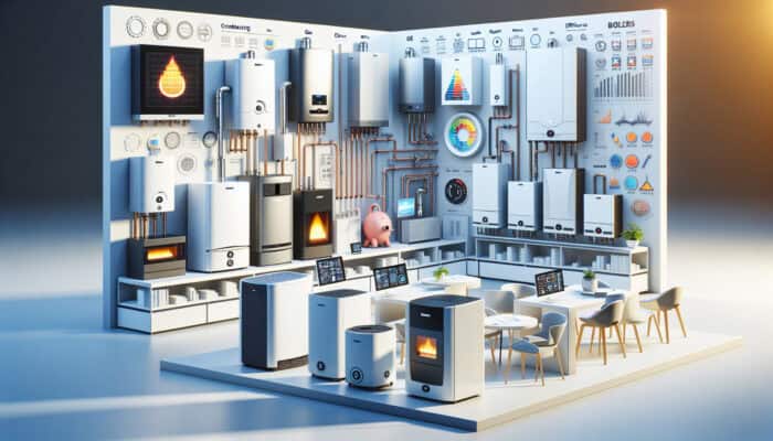 Boiler Services in Ladner Delta: A showroom in Ladner, Delta showcasing various modern boilers with labels and efficiency ratings.