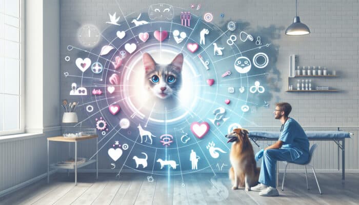 Young dog and cat in a vet clinic, surrounded by health symbols, post-spaying.