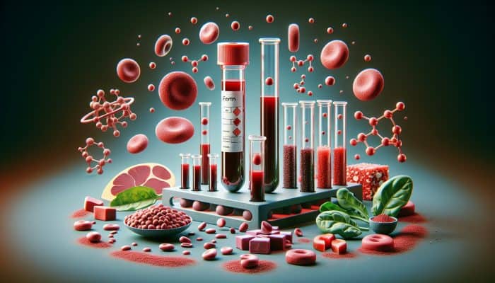 Ferritin Blood Test in Accrington: Illustration depicting a ferritin blood test alongside iron-rich foods, highlighting deficiency and excess.