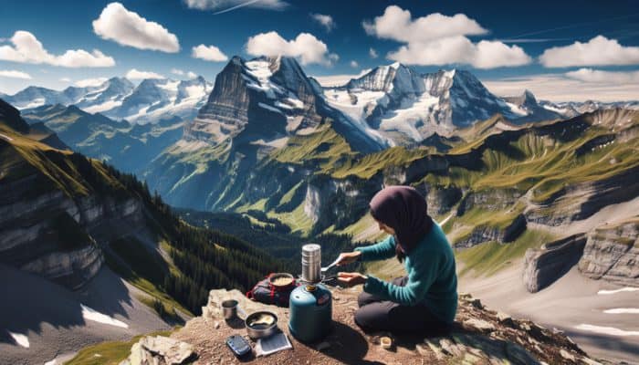 Portable Camping Stoves: A compact canister stove on an alpine trail in the Swiss Alps, with a hiker cooking amidst stunning mountains.