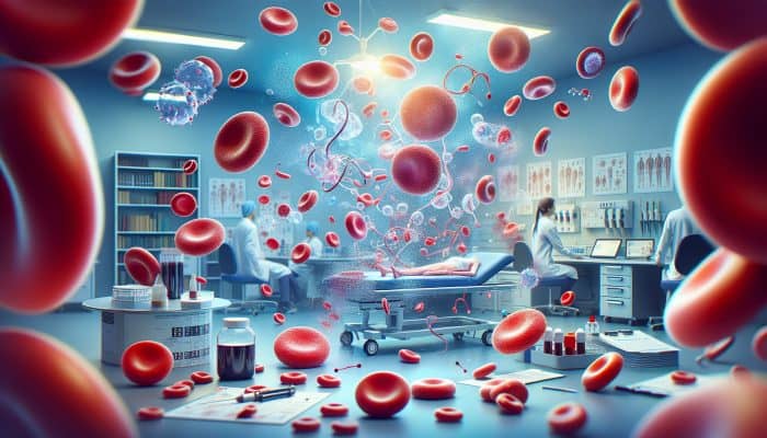 Detailed representation of a full blood count highlighting red and white blood cells, and platelets against a clinical backdrop.