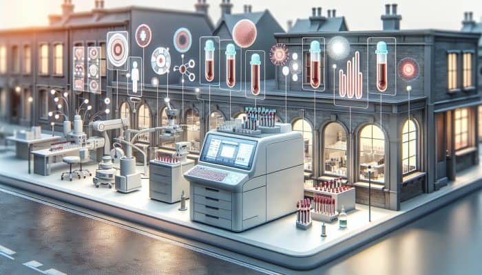 Cutting-edge laboratory in Farnworth with automated analyzers processing samples, displaying rapid results on screens.
