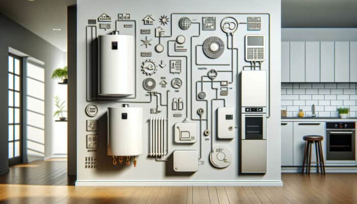 Water Heater Services in Port Coquitlam: A modern kitchen showcasing three labeled water heaters: tankless, traditional tank, and eco-friendly heat pump.