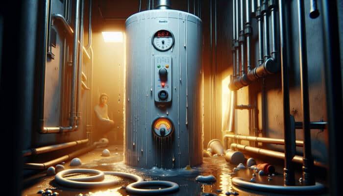 A malfunctioning water heater showing leaks, sediment buildup, and fluctuating gauges in a dimly lit utility room; a concerned homeowner nearby.
