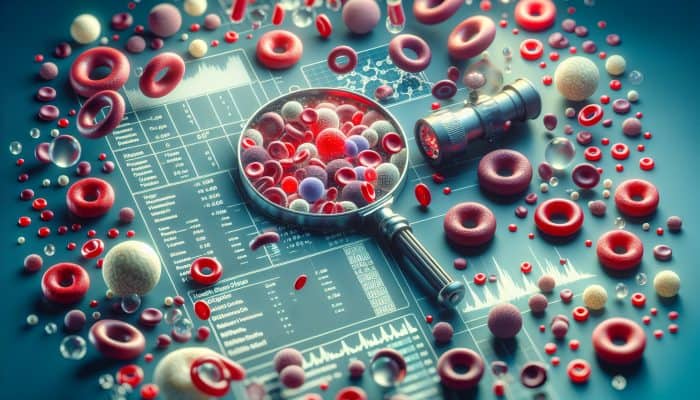 Full Blood Count in Radcliffe: An illustration depicting full blood count analysis with RBCs, WBCs, platelets, and health status chart.