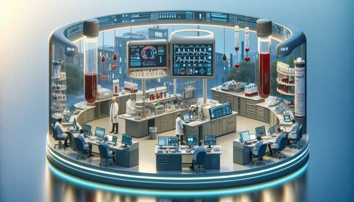 Illustration of cholesterol blood test in a Middleton laboratory, specialists analyzing results on digital screens.