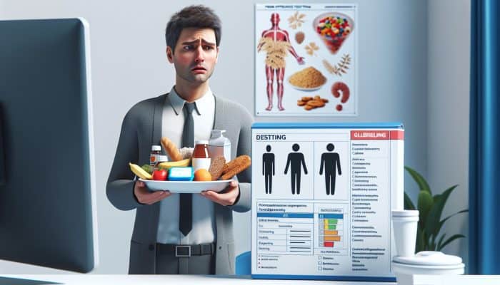 An individual experiencing digestive issues and fatigue, bewildered, holding gluten and dairy products, near a food intolerance test kit in a clinical setting.