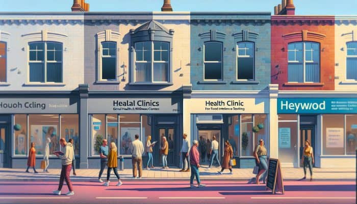 A busy street in Heywood displaying signs for clinics providing food intolerance testing, with people actively coming and going.