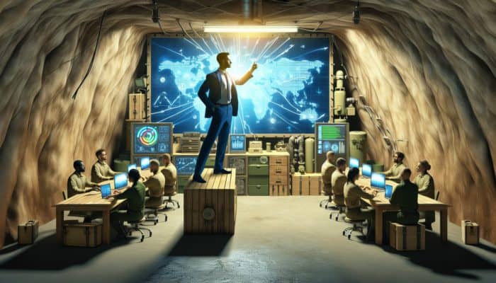 A confident prepper team leader in a bunker, directing and inspiring members with a strategic map.