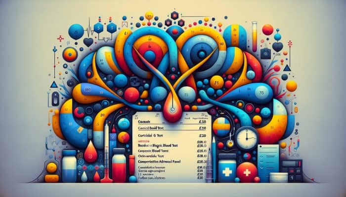 Medical invoice detailing cortisol test costs: basic test £50-£100, adrenal panel £100-£200, consultations £50-£150.