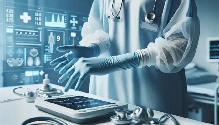 Powdered Vinyl Gloves in Newmarket: A healthcare worker in light blue powdered vinyl gloves handling medical equipment in a modern hospital.