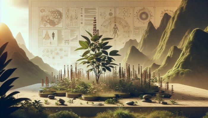 An ancient Ayurvedic garden with ashwagandha plants, symbolizing stress relief and mental clarity.