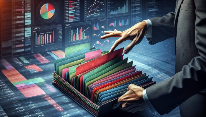 Debt Consolidation and Financial Peace of Mind: UK Guide | DCL A person organizing colorful debt papers into one folder, symbolizing debt consolidation, with financial charts and calculator.