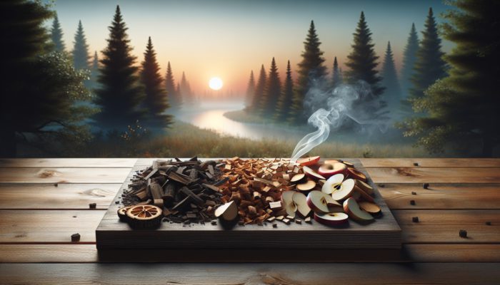 Various wood chips on a rustic table with smoke rising, sunset wooded landscape background.