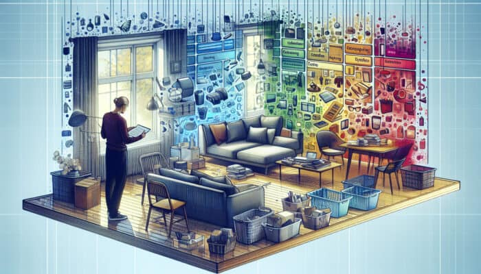 Sunderland House Clearance: A person categorizing items in a cluttered living room in Sunderland, labeling them as salvageable, disposable, and sentimental.