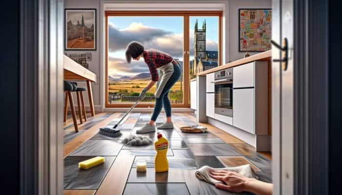 A person cleaning grout haze from kitchen floor tiles in West Dunbartonshire, showcasing intricate Scottish architecture in the backdrop.