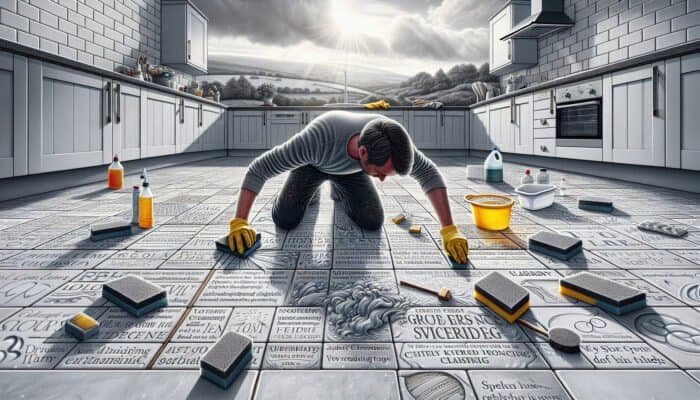 Person cleaning grout haze from kitchen tiles in West Dunbartonshire, achieving a pristine result.