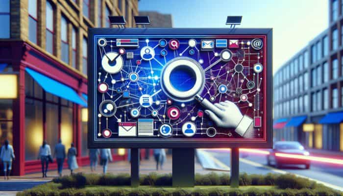 Digital Advertising in Gillingham for Small Business: A vibrant digital billboard in Gillingham displaying various ads, engaging local small business owners and customers.